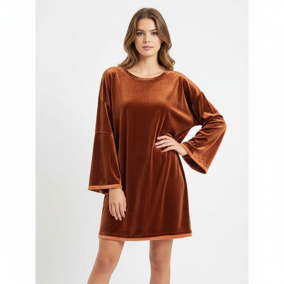 Womens Plus Size 2X Burnt Orange Velvet Mini Dress Bell Sleeve Trendy Chic Fall - Picture 1 of 7